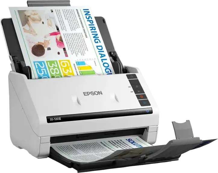 Scanner de documente Epson WorkForce DS-530III, Sheetfed, Duplex, 40 ppm/80 ipm, 600 dpi, ADF 60 pagini, USB 3.2, Ciclu Zilnic 6.500 pagini