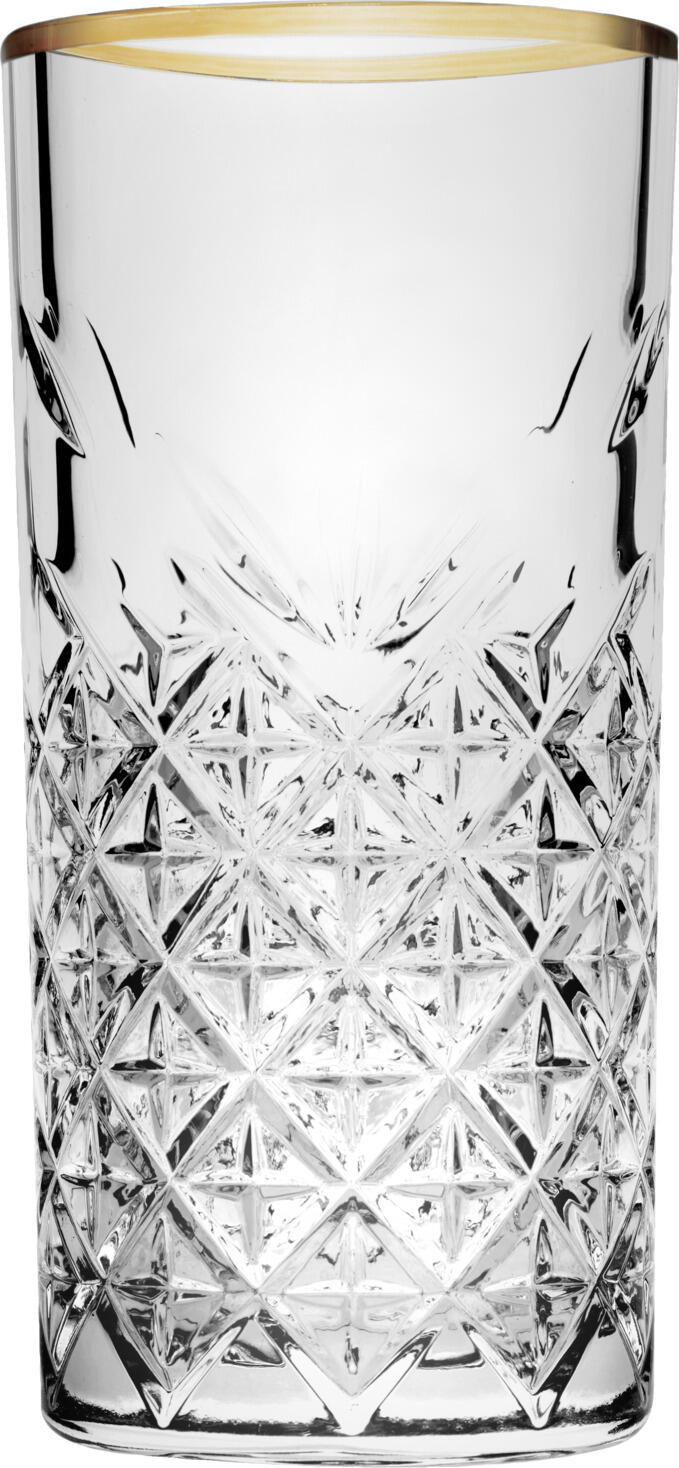 Pasabahce Timeless Long Drink Highball Glasses with Gold Rim, Relief Diamond Cut Pattern, 450 ml, Set of 4 Pieces