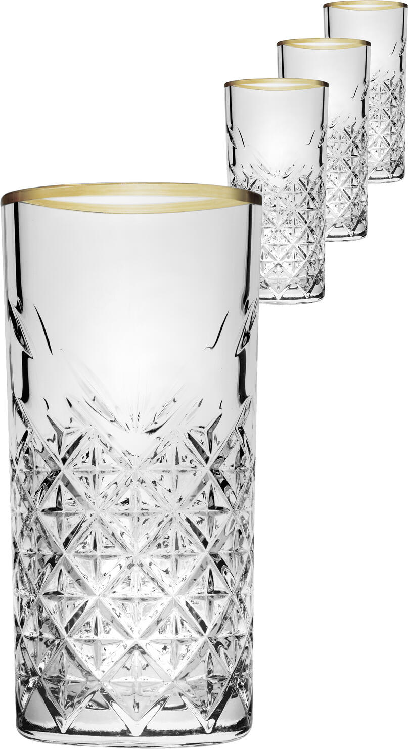 Pasabahce Timeless Long Drink Highball Glasses with Gold Rim, Relief Diamond Cut Pattern, 450 ml, Set of 4 Pieces