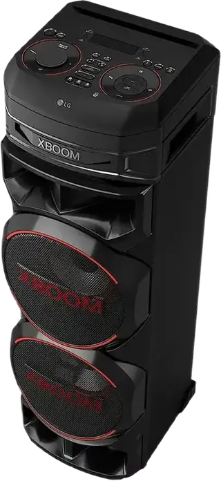 Box Party Tower LG XBOOM RNC9, Negru, Sistem Acustic cu 4 Cale, 2 Subwoofer de 8", Bluetooth, USB, Radio FM, Iluminare RGB, Inaltime 105,7 cm