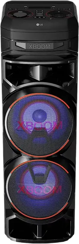 Box Party Tower LG XBOOM RNC9, Negru, Sistem Acustic cu 4 Cale, 2 Subwoofer de 8", Bluetooth, USB, Radio FM, Iluminare RGB, Inaltime 105,7 cm