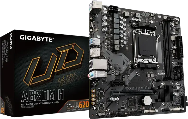 Gigabyte A620M H Ultra Durable Motherboard, AMD AM5 Socket, A620 Chipset, DDR5 6400MHz (OC), Micro-ATX, PCIe 4.0, M.2 Gen4, Ryzen 7000/8000 Series