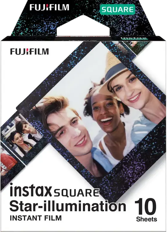 Film Fujifilm Instax Square Star Illumination, Bordura Neagra cu Sclipici, Set de 10 fotografii, Dimensiune Imagine 6.2 x 6.2 cm