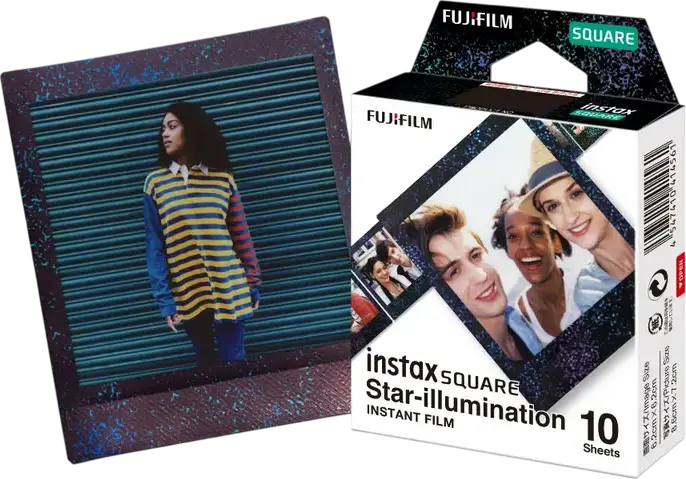 Film Fujifilm Instax Square Star Illumination, Bordura Neagra cu Sclipici, Set de 10 fotografii, Dimensiune Imagine 6.2 x 6.2 cm