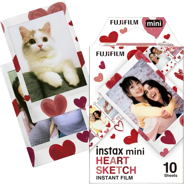 Film instant Fujifilm Instax Mini Heart Sketch, Bord Alb, Set de 10 fotografii, Dimensiune imagine 6.2cm x 4.6cm, Compatibil cu toate camerele Instax Mini