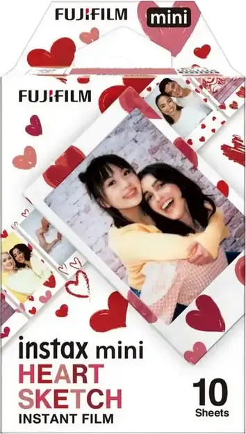 Film instant Fujifilm Instax Mini Heart Sketch, Bord Alb, Set de 10 fotografii, Dimensiune imagine 6.2cm x 4.6cm, Compatibil cu toate camerele Instax Mini