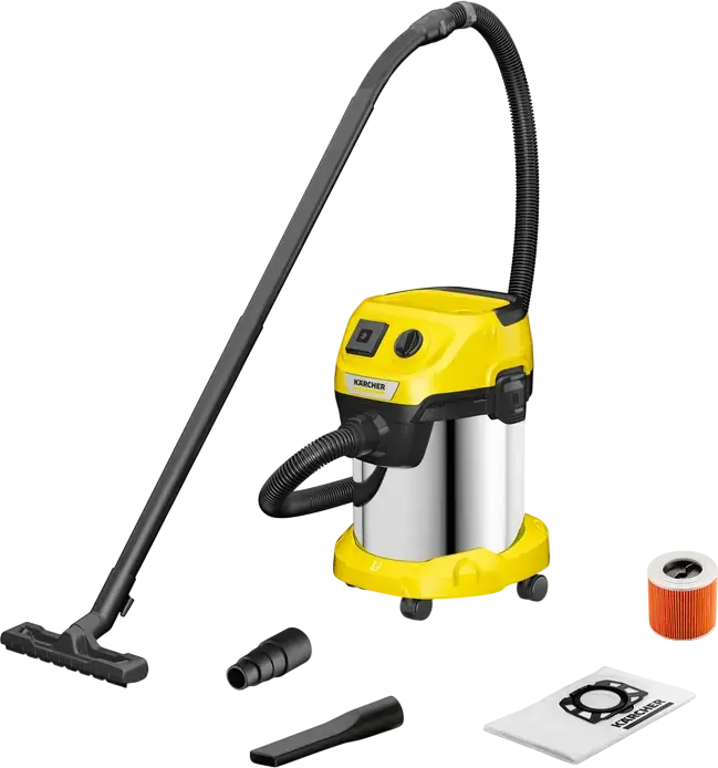 Karcher WD 3 P S Wet and Dry Vacuum Cleaner, 1000W, 17L Stainless Steel Tank, Integrated Power Socket for Tools, Blower Function, Yellow