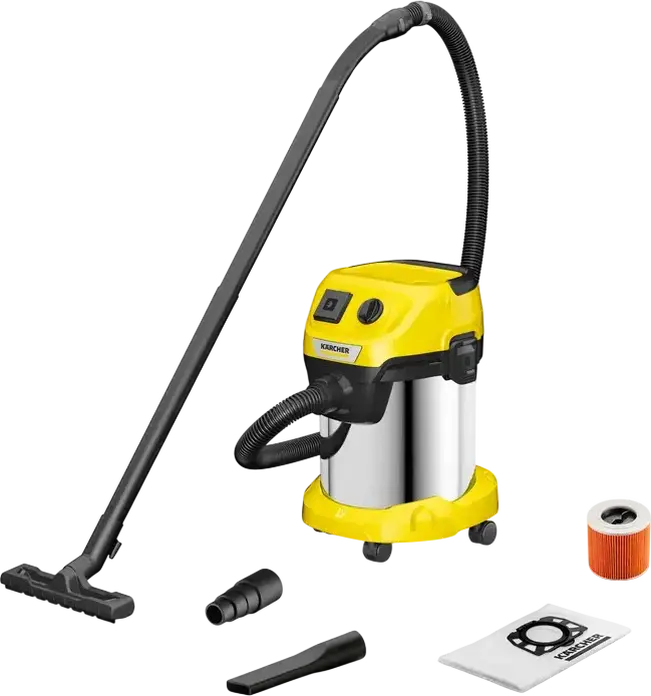 Karcher WD 3 P S Wet and Dry Vacuum Cleaner, 1000W, 17L Stainless Steel Tank, Integrated Power Socket for Tools, Blower Function, Yellow