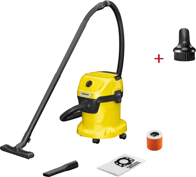 Karcher WD 3 V-15/4/20 Wet & Dry Vacuum Cleaner, 1000W, 15L Container, 33.9 kPa Suction, Blower Function, Yellow/Grey, with Filter Cartridge and Bag Set