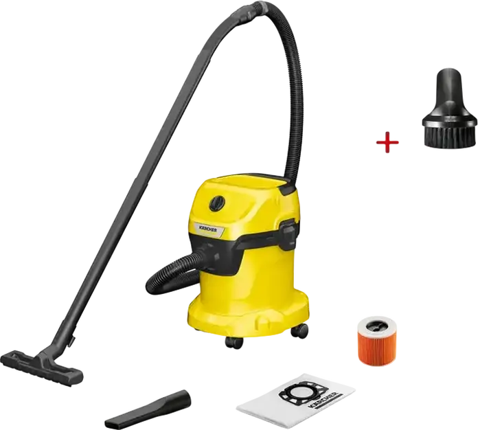 Karcher WD 3 V-15/4/20 Wet & Dry Vacuum Cleaner, 1000W, 15L Container, 33.9 kPa Suction, Blower Function, Yellow/Grey, with Filter Cartridge and Bag Set