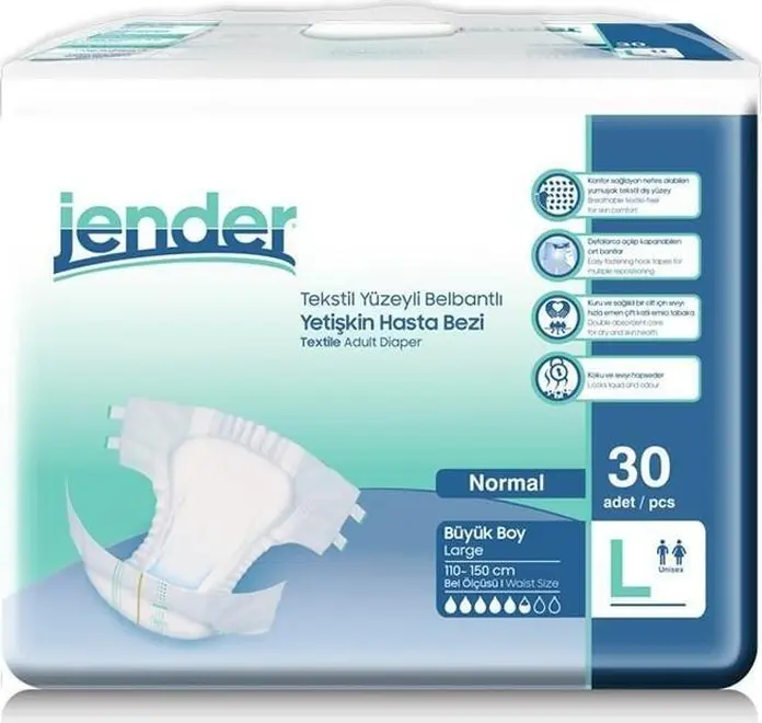 Jender Adult Diapers Large L, Breathable Textile Surface with Double Absorbent Core, Waist 110-150 cm, Unisex, Pack of 30 Pieces