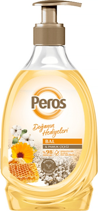Жидкое мыло Peros Honey & Cotton, 370 мл, pH 5.5 нейтральное, 98% натуральных ингредиентов, мягкое средство для ежедневного мытья с дозатором