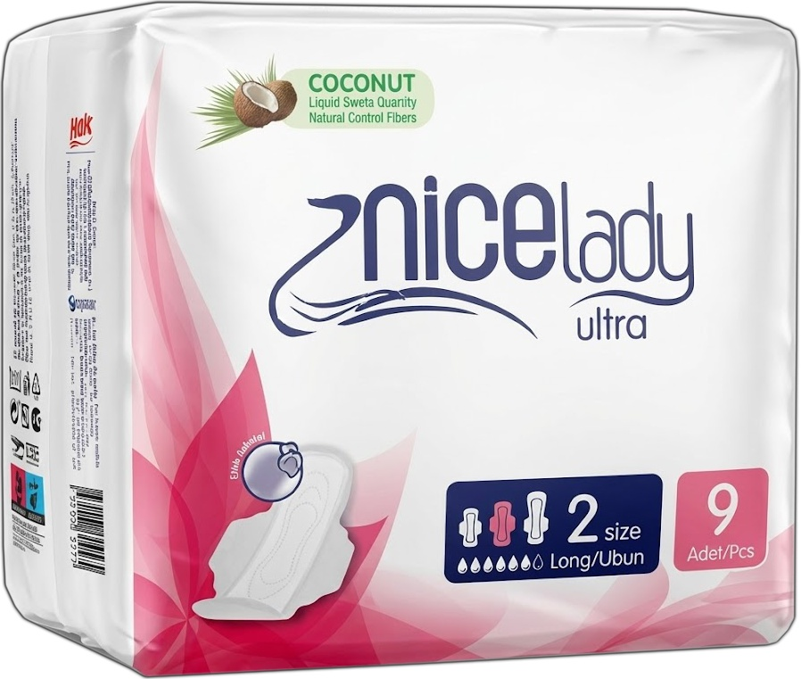 NiceLady Ultra Sanitary Pads for Women, Long Size 2, Coconut Scent, Superabsorbent Core with Flexible Wings, Soft Top Layer, Pack of 9 Pieces