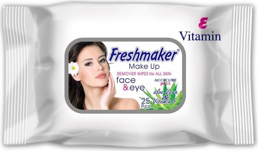 Салфетки для снятия макияжа Freshmaker, 25 шт, с крышкой, без спирта, с алоэ вера и витамином Е, pH 5.5, для лица и глаз, для всех типов кожи