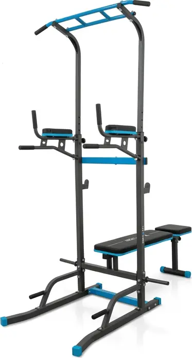THUNDER GRIP Power Tower Multi-Gym Station with Pull-up Bar, Dip Station, Leg Raise and Integrated Weight Bench, Ergonomic Grips, Black and Blue, 29 kg