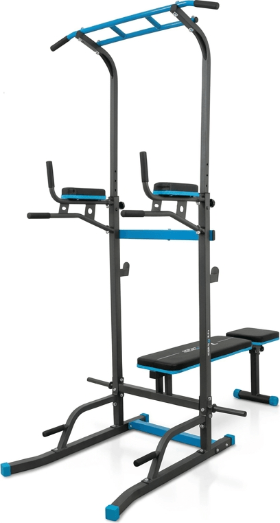 THUNDER GRIP Power Tower Multi-Gym Station with Pull-up Bar, Dip Station, Leg Raise and Integrated Weight Bench, Ergonomic Grips, Black and Blue, 29 kg