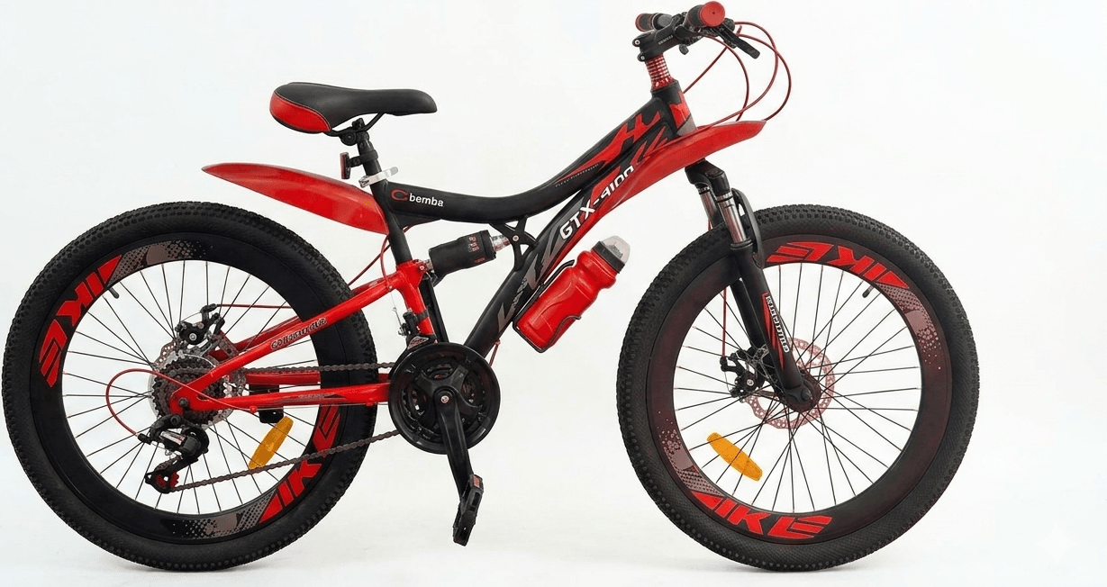 bernba Arise GTX 24 Children's Bicycle, 24 Inch Wheels, Steel Frame GTX-4100, Shimano Gears, Disc Brakes, Dual Suspension, Red, with Bottle and Holder