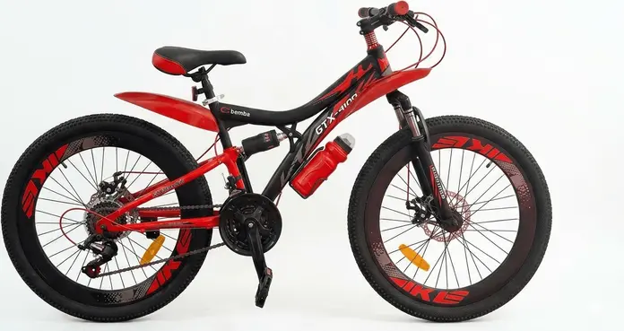 bernba Arise GTX 24 Children's Bicycle, 24 Inch Wheels, Steel Frame GTX-4100, Shimano Gears, Disc Brakes, Dual Suspension, Red, with Bottle and Holder