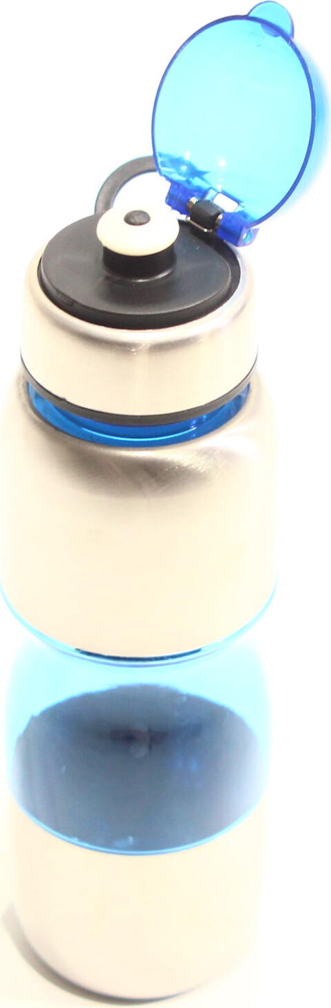 Reusable Aluminum and Plastic Water Bottle, Hard and Resistant Body, Flip-top Plastic Cap with Drinking Spout, Silver and Blue