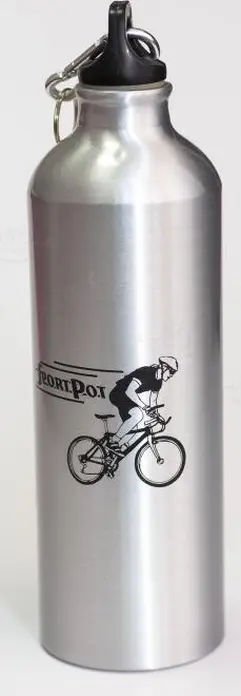 Алюминиевая бутылка для воды Sport Pot для велосипедистов, серебристый металлический фляга с черной завинчивающейся крышкой и карабином