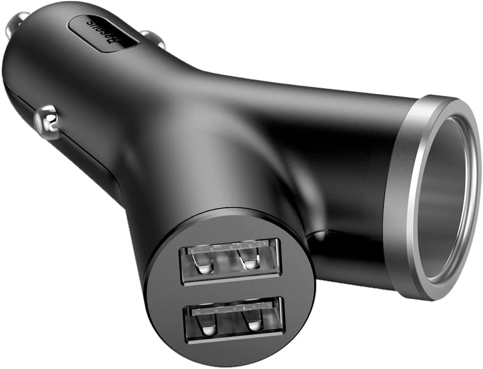 Splitter Adaptor Brichetar Auto Baseus Tip Y cu Dual USB, 12V-24V DC, 2 Porturi USB-A si 1 Priza Brichetar, ABS Aliaj Aluminiu, Negru