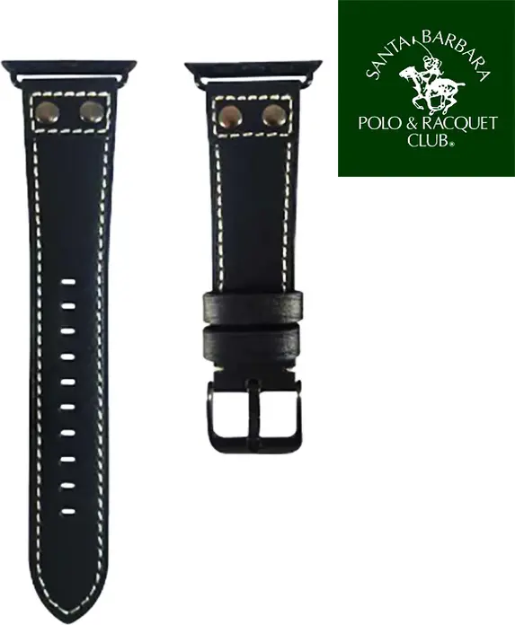 Кожаный ремешок Santa Barbara Polo & Racquet Club для Apple Watch 42/44/45/49мм, черный с белой контрастной прострочкой, застежка-пряжка