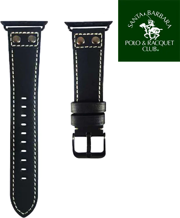 Кожаный ремешок Santa Barbara Polo & Racquet Club для Apple Watch 42/44/45/49мм, черный с белой контрастной прострочкой, застежка-пряжка