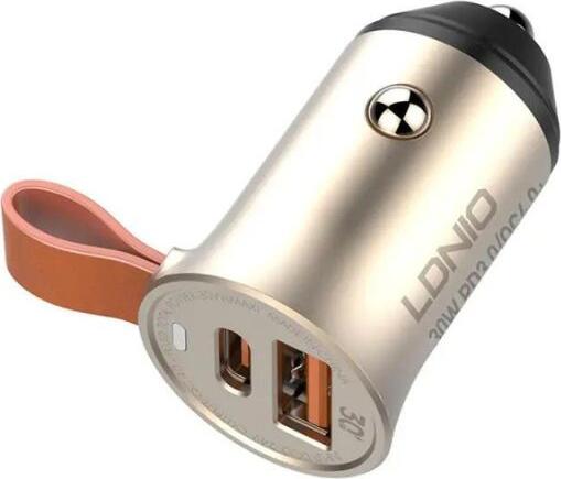 Автомобильное зарядное устройство LDNIO 30W с PD 3.0 и QC 4.0+, два порта USB-C и USB-A, металлический серебристый корпус с кожаным ремешком