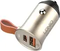 Автомобильное зарядное устройство LDNIO 30W с PD 3.0 и QC 4.0+, два порта USB-C и USB-A, металлический серебристый корпус с кожаным ремешком