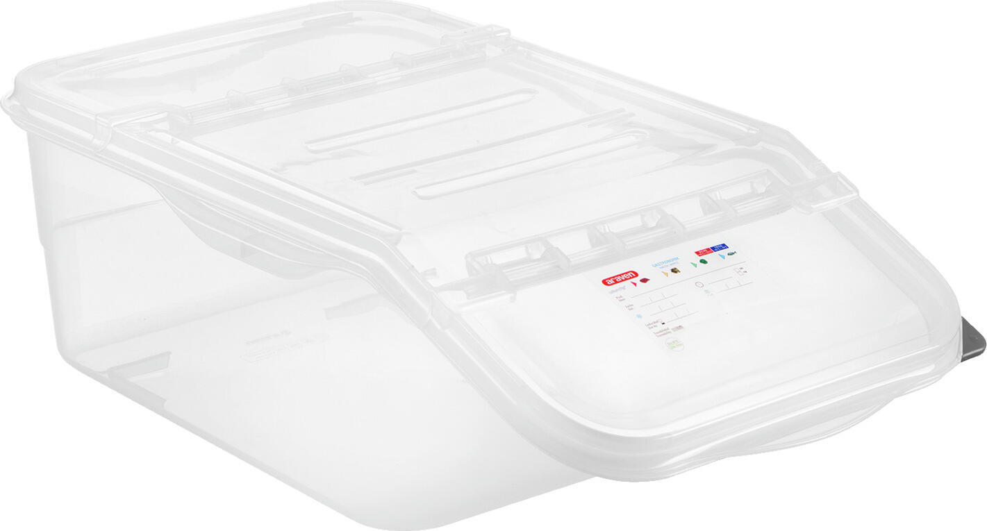 Araven Universal FIFO Container GN 1/1, 22.65L Polypropylene Storage Bin, Transparent, HACCP Compliant with Color-Coded Clips, Stackable