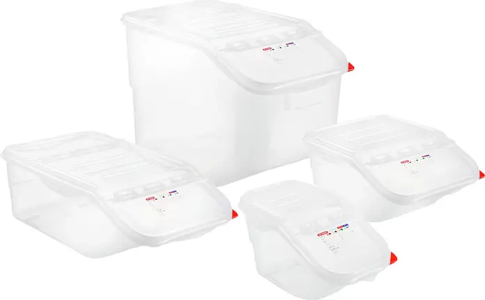 Araven Universal FIFO Container GN 1/1, 22.65L Polypropylene Storage Bin, Transparent, HACCP Compliant with Color-Coded Clips, Stackable