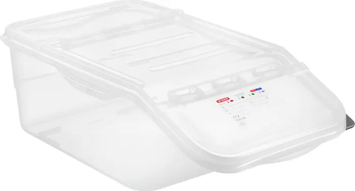 Araven Universal FIFO Container GN 1/1, 22.65L Polypropylene Storage Bin, Transparent, HACCP Compliant with Color-Coded Clips, Stackable