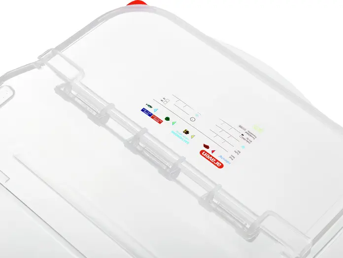 Araven Universal FIFO Container GN 1/1, 22.65L Polypropylene Storage Bin, Transparent, HACCP Compliant with Color-Coded Clips, Stackable