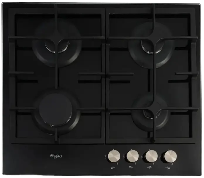 Встраиваемая газовая варочная панель Whirlpool GOS 6415/NB, 4 конфорки с WOK, поверхность из закаленного стекла, чугунные решетки, газ-контроль, черная, 59x51 см