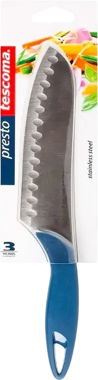 Tescoma Presto Japanese Knife 863048, 15 cm Stainless Steel Blade with Granton Edge, Plastic Handle, Blue, Set of 1