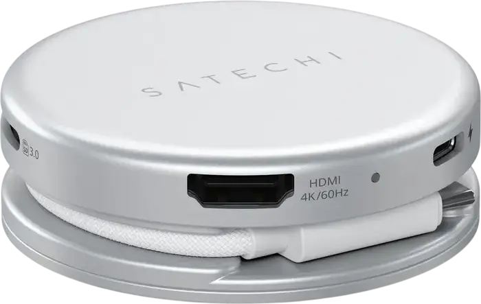 Adaptor Hub USB-C Satechi OntheGo 5-in-1 Multiport, HDMI 4K 60Hz, Incarcare PD 60W, USB 3.2 Gen 1, Cititor Card SD, Design Circular din Aluminiu
