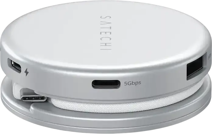 Adaptor Hub USB-C Satechi OntheGo 5-in-1 Multiport, HDMI 4K 60Hz, Incarcare PD 60W, USB 3.2 Gen 1, Cititor Card SD, Design Circular din Aluminiu