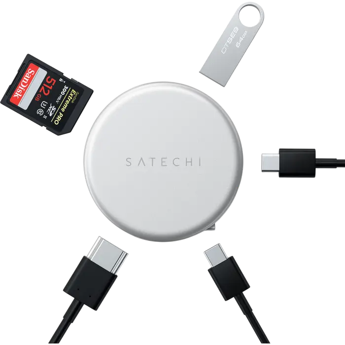 Adaptor Hub USB-C Satechi OntheGo 5-in-1 Multiport, HDMI 4K 60Hz, Incarcare PD 60W, USB 3.2 Gen 1, Cititor Card SD, Design Circular din Aluminiu
