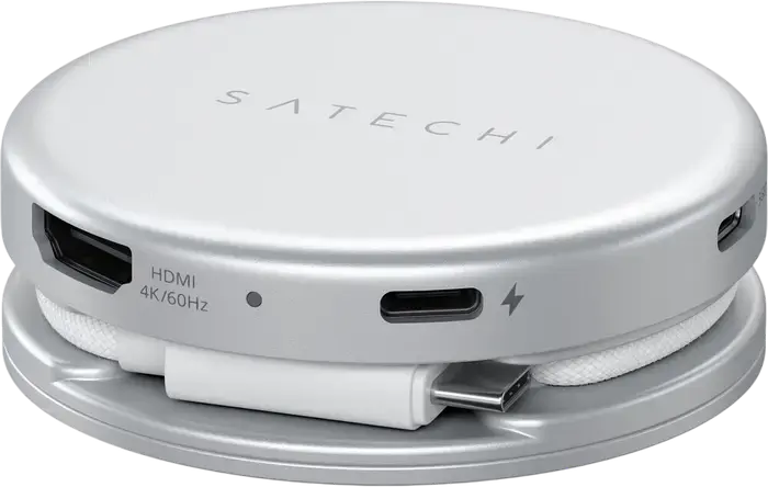 Adaptor Hub USB-C Satechi OntheGo 5-in-1 Multiport, HDMI 4K 60Hz, Incarcare PD 60W, USB 3.2 Gen 1, Cititor Card SD, Design Circular din Aluminiu