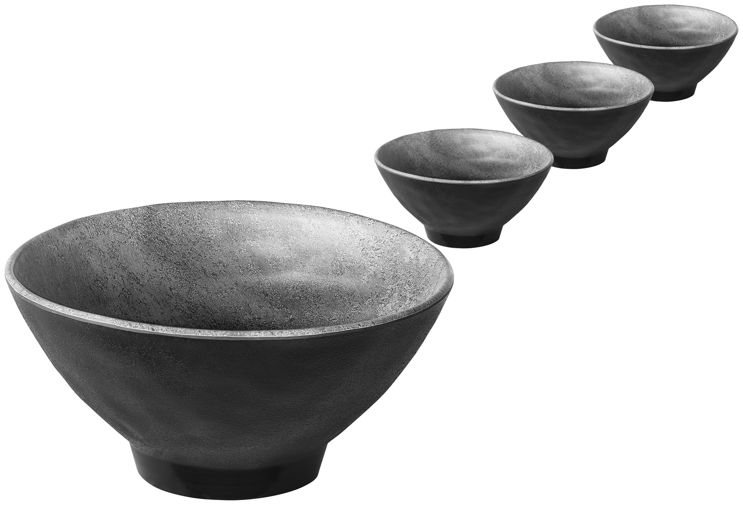 VEGA Clawson Round Bowl with Base, Grey Stone Look Melamine, 2100 ml, 20.8 cm Diameter, Break Resistant and Stackable, Set of 4 Pieces