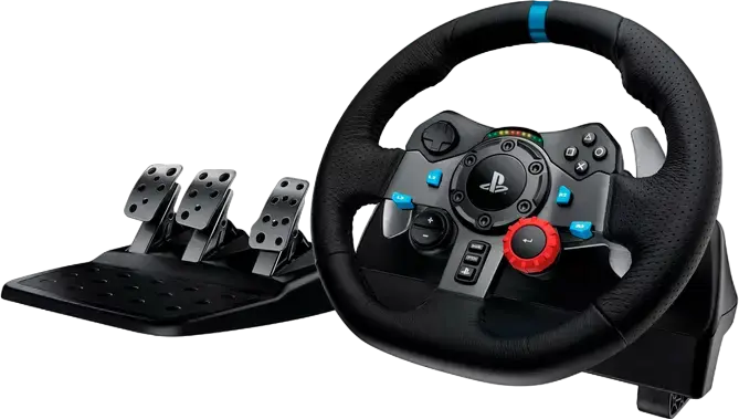 Set Volan Racing Logitech G29 Driving Force cu 3 Pedale pentru PS5, PS4, PS3, PC, Rotatie 900 Grade, Force Feedback Dual-Motor, Piele si Otel, Negru