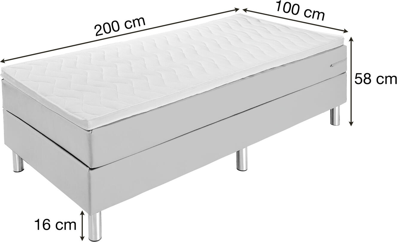 VEGA Basic Box Spring Bed Set of 5 Pieces, 100x200x63 cm, Hard H3 Firmness, Bonnell Spring Core, Cold Foam Topper, Taupe, Without Headboard