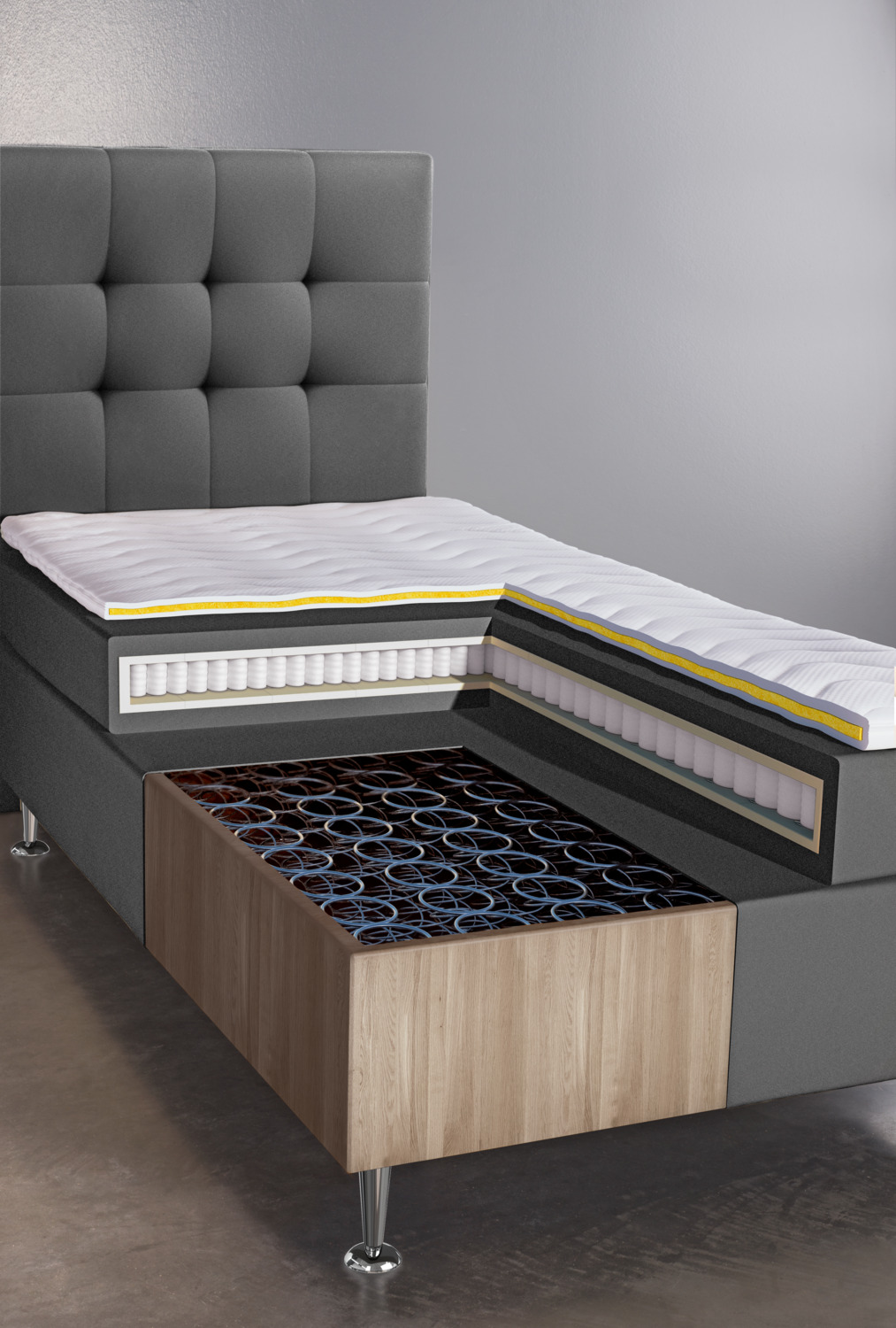 VEGA Basic Box Spring Bed Set of 5 Pieces, 100x200x63 cm, Hard H3 Firmness, Bonnell Spring Core, Cold Foam Topper, Taupe, Without Headboard