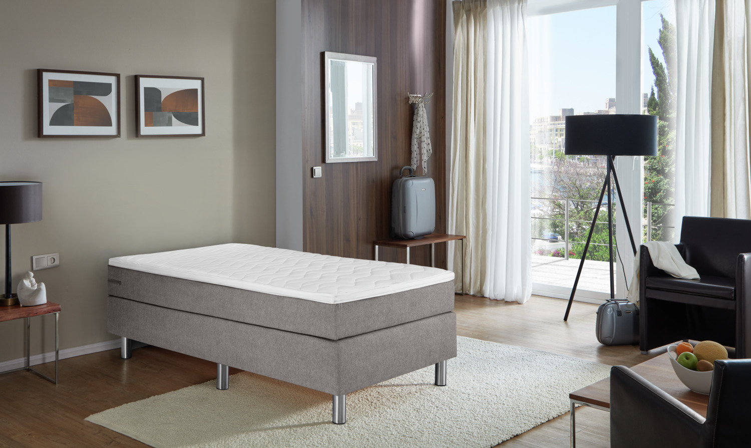 VEGA Basic Box Spring Bed Set of 5 Pieces, 100x200x63 cm, Hard H3 Firmness, Bonnell Spring Core, Cold Foam Topper, Taupe, Without Headboard