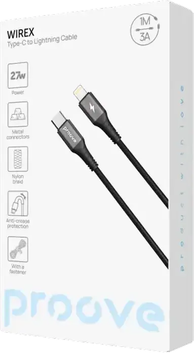 Кабель Proove WireX USB-C - Lightning, быстрая зарядка 27Вт, 3А, нейлоновая оплетка, алюминиевый сплав, 1м, черный