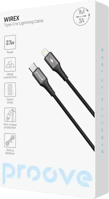 Кабель Proove WireX USB-C - Lightning, быстрая зарядка 27Вт, 3А, нейлоновая оплетка, алюминиевый сплав, 1м, черный