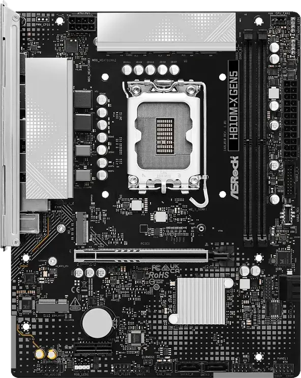 Placa de baza ASRock H810M-X GEN5 Micro-ATX, Socket LGA1851, Chipset Intel H810, DDR5 6400MHz, PCIe Gen 5, M.2 PCIe Gen4, LAN 2.5G, HDMI 2.1, DP 1.4