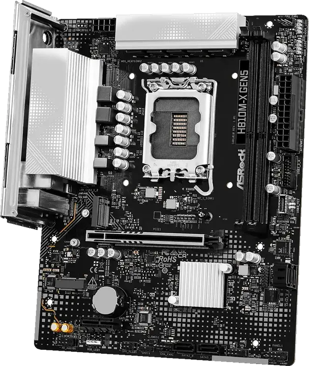 Placa de baza ASRock H810M-X GEN5 Micro-ATX, Socket LGA1851, Chipset Intel H810, DDR5 6400MHz, PCIe Gen 5, M.2 PCIe Gen4, LAN 2.5G, HDMI 2.1, DP 1.4