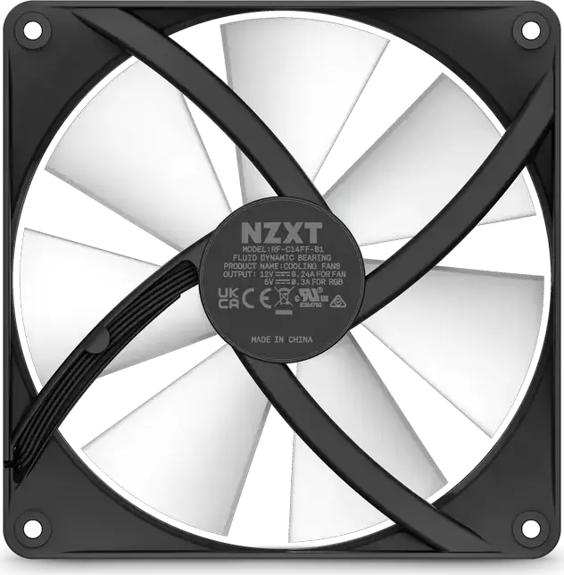 NZXT F140 RGB Core 140mm PWM Case Fan, Black, Fluid Dynamic Bearing, 500-1500 RPM, 90.79 CFM, Addressable RGB ARGB, NZXT CAM Compatible