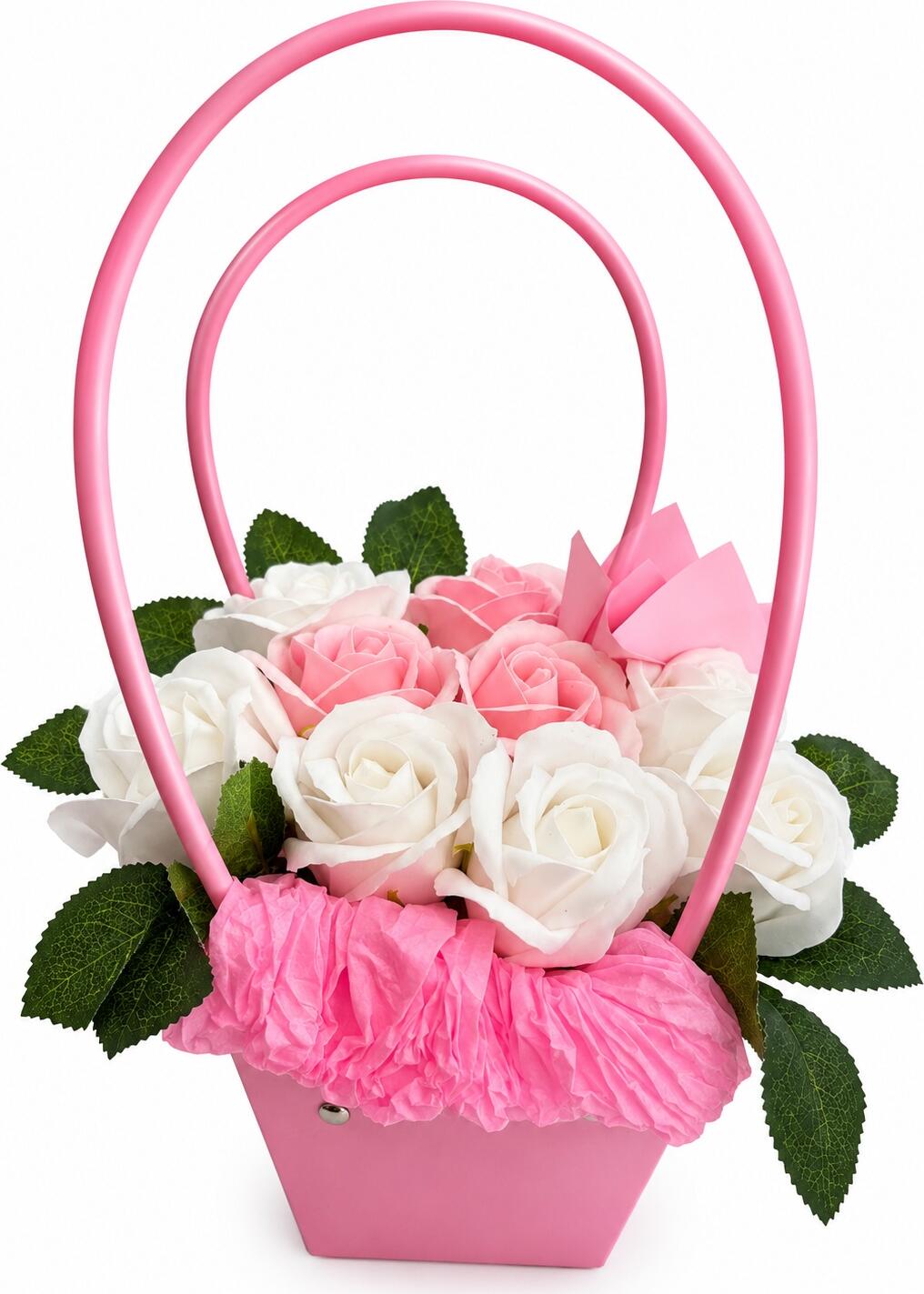 Aranjament de flori de sapun INKA FLP1005, Set de 9 flori de sapun roz și alb, cu frunze verzi in cutie tip sac roz și alb cu manere, Cadou pentru aniversari